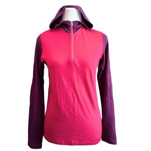 ICEBREAKER PURPLE PINK BODYFIT 200 MERINO WOOL RAGLAN SLEEVE HOODED LONG TEE TOP
